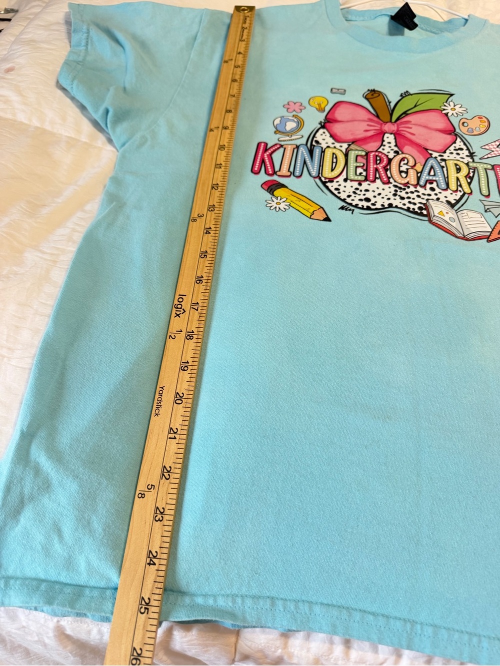 Gildan Light Blue Short Sleeve Kindergarten teacher Graphic Tee with Pink Bow - Picture 7 of 8